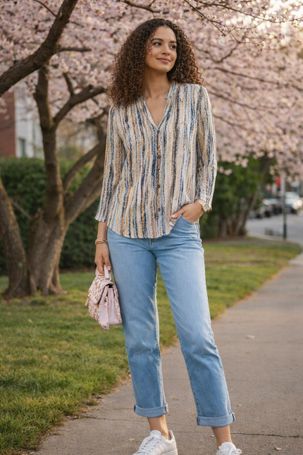 BEIGE MULTI STRIP PRINT TOP WITH BUTTON PLACKET