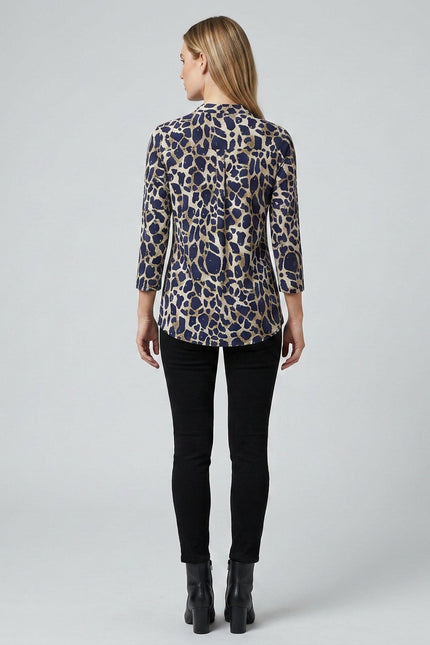Top animal print with button placket and 3/4 sleeve