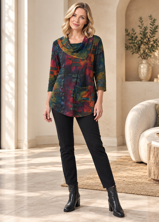 Top abstract print cowl neck with buttons long sleeve
