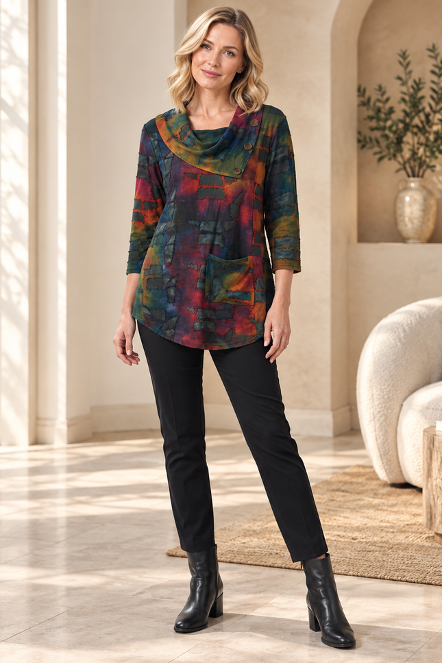 Top abstract print cowl neck with buttons long sleeve