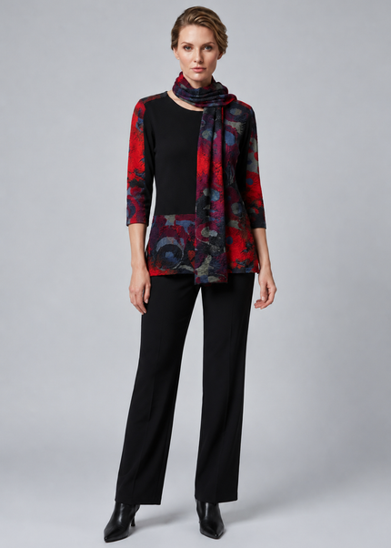 Top abstract print with contrast panel 3/4 sleeve with scarf