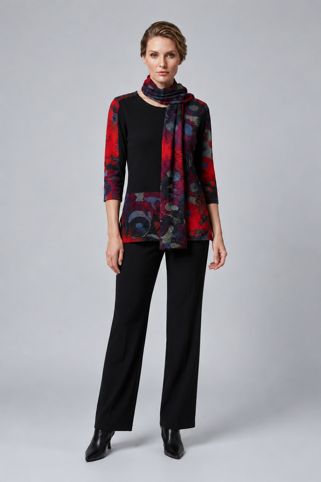 Top abstract print with contrast panel 3/4 sleeve with scarf