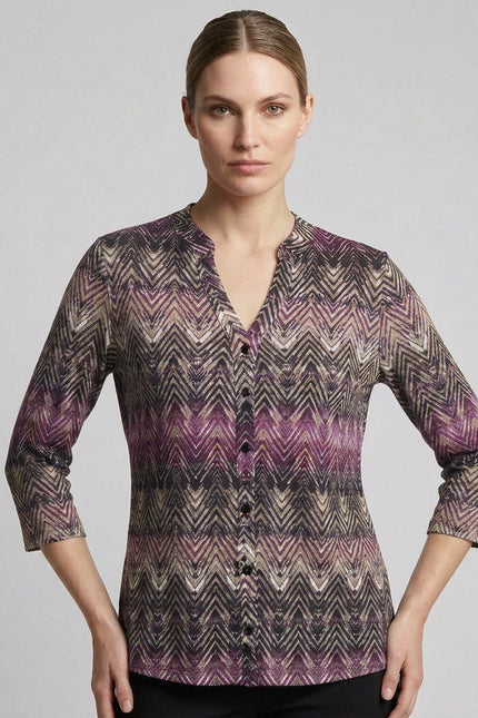 Top purple zig zag print with button placket