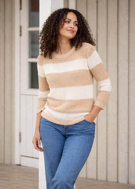 WIDE STRIPE ROUND NECK JUMPER 3/4 SLEEVE
