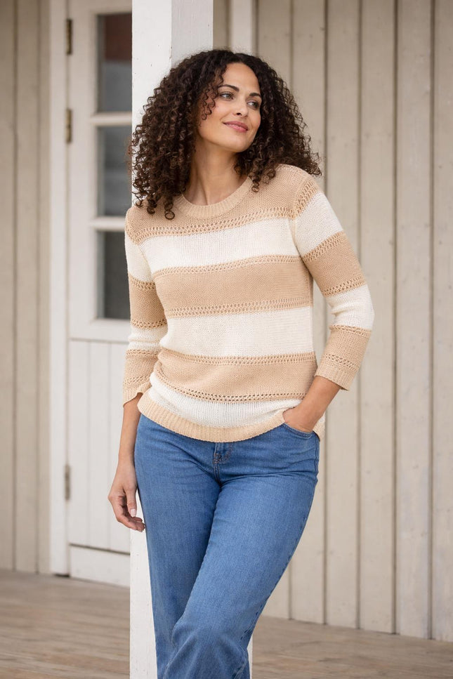 WIDE STRIPE ROUND NECK JUMPER 3/4 SLEEVE