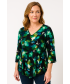 Green Print Top With Round Neck 3/4 Sleeve