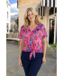 FLOWER PRINT TIE FRONT BLOUSE WITH SHORT SLEEVE