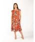 Orange Multi Loral Button Front Dress V Neck With Cap Sleeve