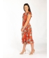 Orange Multi Loral Button Front Dress V Neck With Cap Sleeve