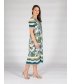  grey multi Leaf print dress with stripe border round neck and short sleeve