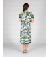  grey multi Leaf print dress with stripe border round neck and short sleeve