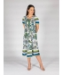  grey multi Leaf print dress with stripe border round neck and short sleeve
