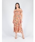 GATHERED NECKLINE PRINTED DRESS CAP SLEEVE