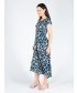 Tropical navy print gathered neckline dress with cap sleeve