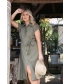 KHAKI LINEN LOOK DRESS COLLAR FRONT BUTTON BELT