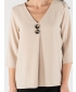 BEIGE BUTTON V-NECK TOP WITH 3/4 SLEEVE