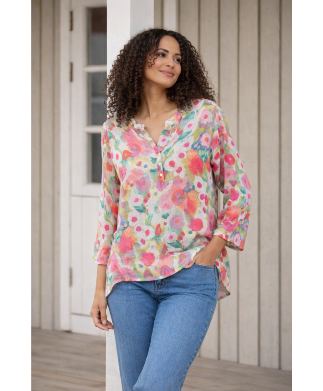 FLOWER PRINT TOP WITH FRONTBUTTON & 3/4 SLEEEVE PINK MULTI