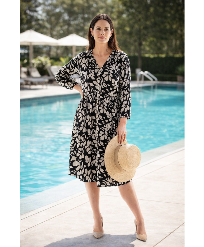 FLORAL PRINT V NECK LONG SLEEVE DRESS