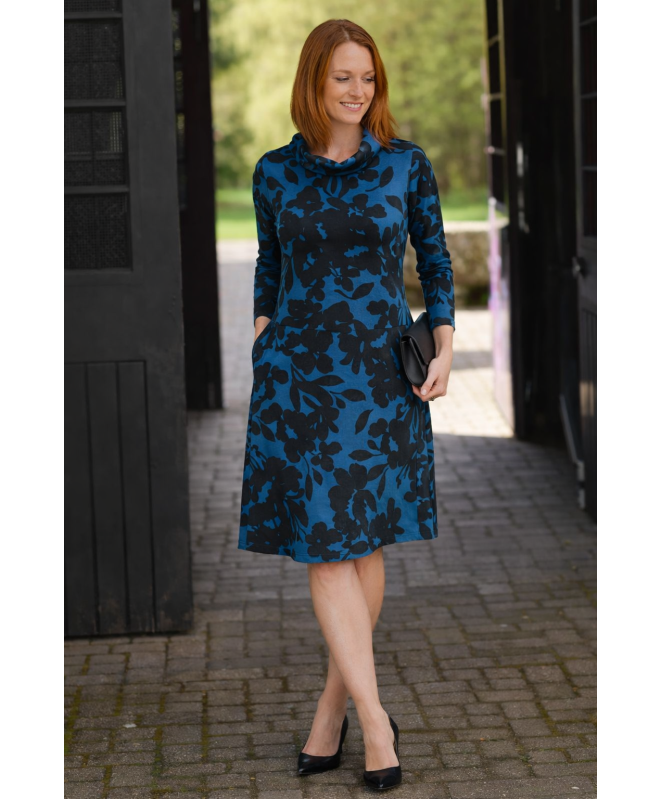 FLORAL SHADOW PRINT COWL NECK DRESS