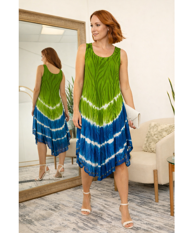 Lime Blue Tie dye print sleeveless round neck umbrella dress 46 Inch