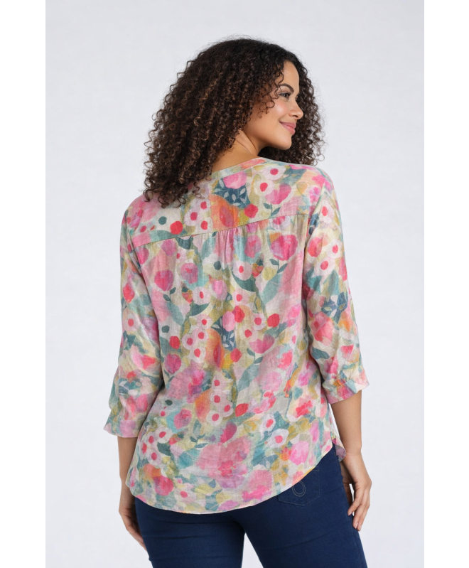 FLOWER PRINT TOP WITH FRONTBUTTON & 3/4 SLEEEVE PINK MULTI
