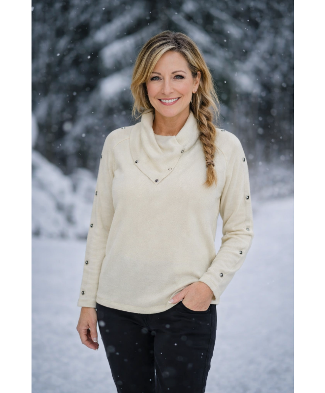 COWL NECK JUMPER BUTTON DETAIL 3/4 SLEEVE