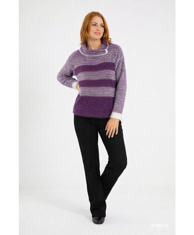Purple Color Fluffy stripe cowl neck jumper long sleeve