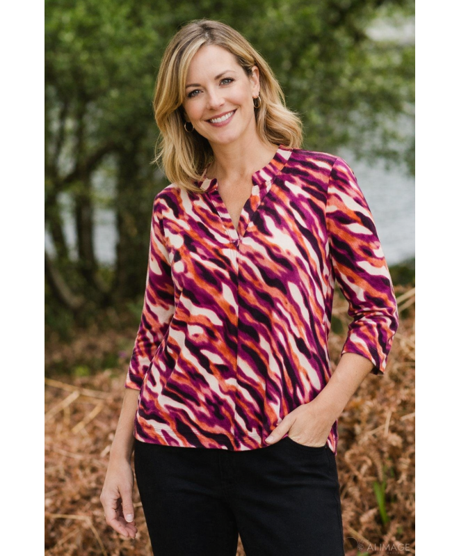 WAVY PRINT SOFT STRETCH TOP 3/4 SLEEVE