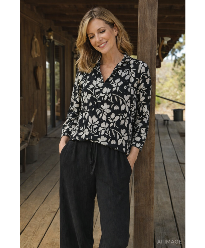 FLOWER PRINT V NECK LONG SLEEVE WITH COLLOR