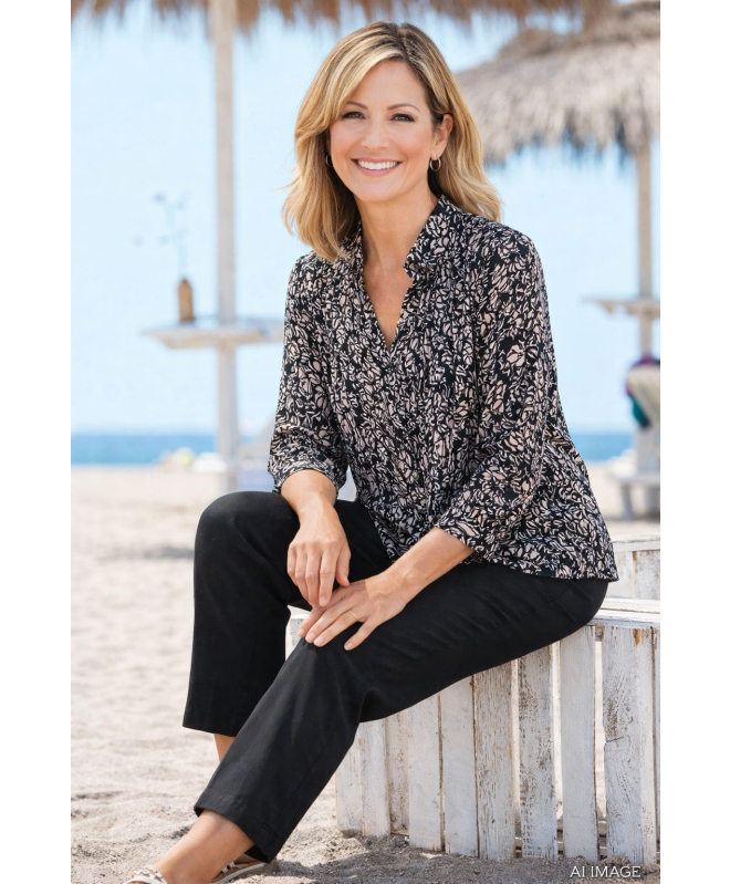 Black Colour Print top with button placket 3/4 sleeve