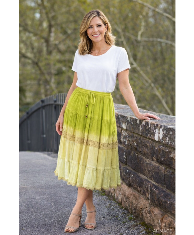 Lime Ombre skirt with embroidery and lace trim elasticated waist and tie 29 inch