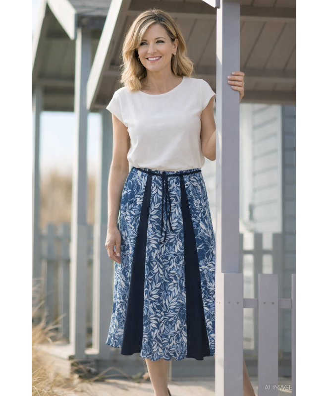 Blue print skirt with elasticated waist contrast panels and tie belt