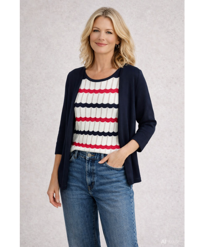 WAVY STRIPE INSERT MOCK CARDIGAN 3/4 SLEEVE