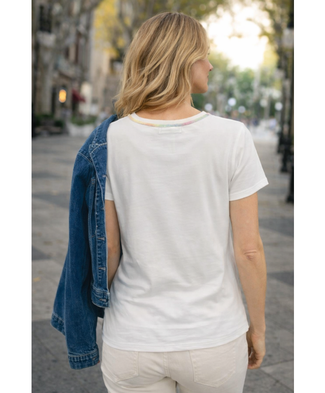 FLOWER PRINT FANCY NECKLINE T-SHIRT ROUND NECK