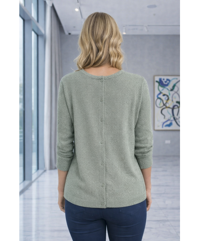 SAGE BACK BUTTON ROUND NECK TOP 3/4 SLEEVE