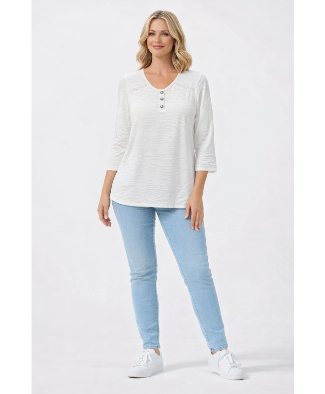 AIR FLOW BUTTON DETAIL LACE TRIM ROUND NECK