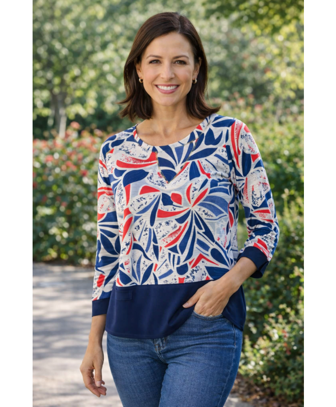 SWIRLY BLOCK PRINT TOP CONTRAST PANEL 3/4 SLEEVE