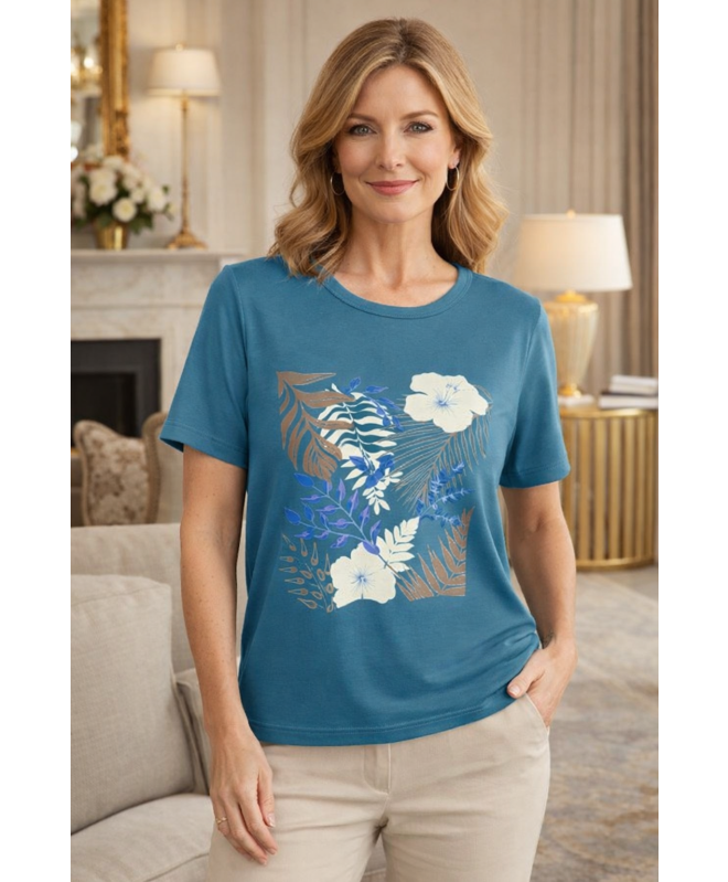 Jungle flower print round neck short