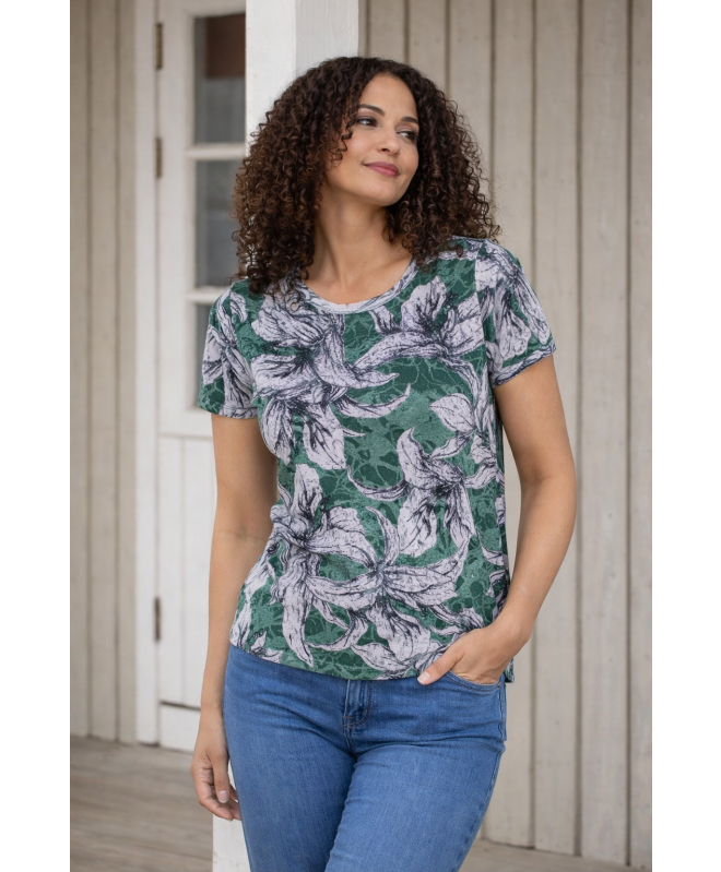 GREEN FLOWER PRINT T-SHIRT ROUND NECK