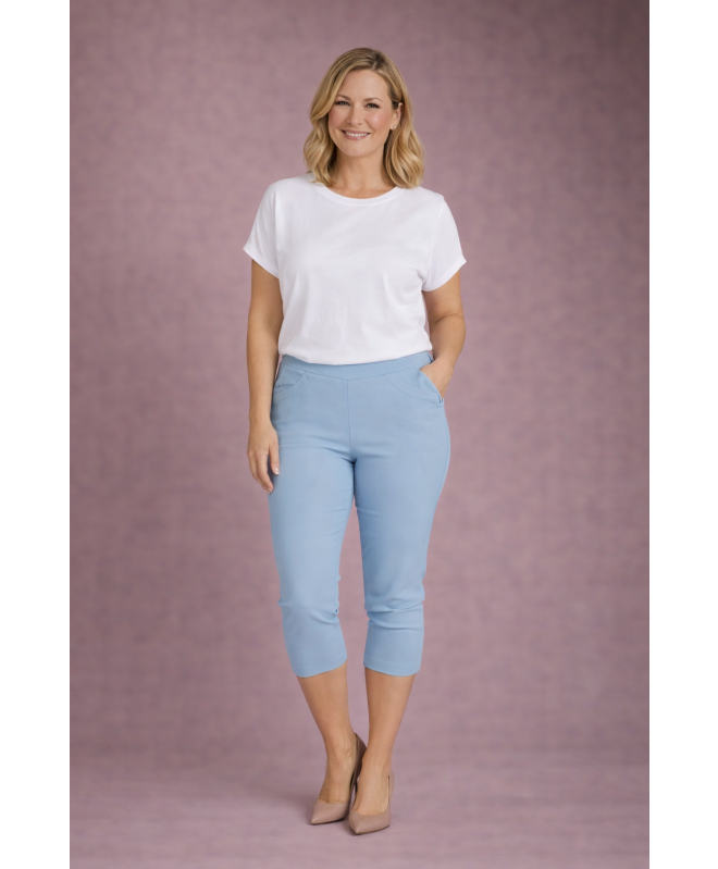 LIGHT BLUE CROP 22 INCH STRETCH TROUSER POCK DETAIL
