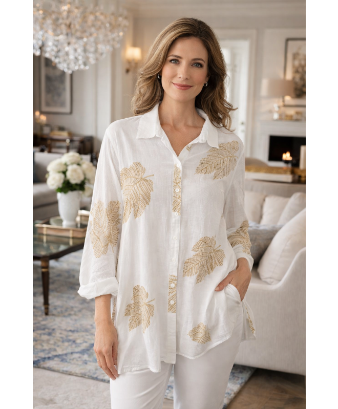 WHITE BEIGE BIG LEAF PRINT BLOUSE WITH 3/4 SLEEVE