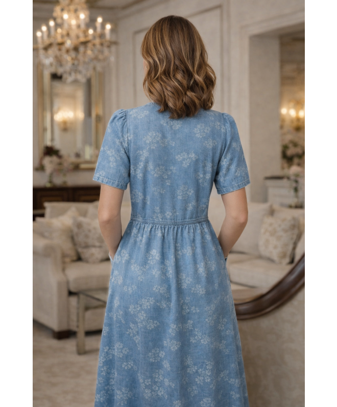 FLOWER EMB. BUTTON FRONT DENIM DRESS V-NECK