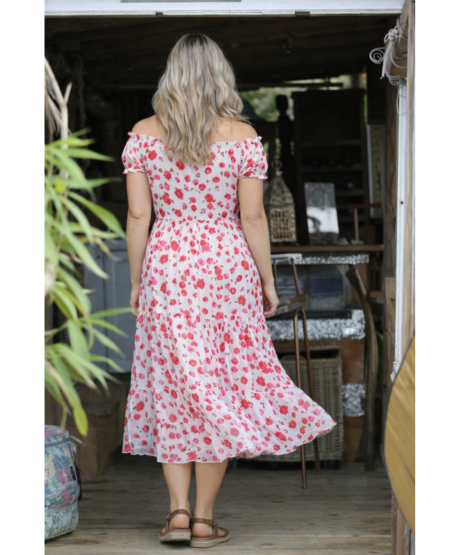 PINK PRINTED GATHERED NECKLINE DRESS CAP SLEEVE