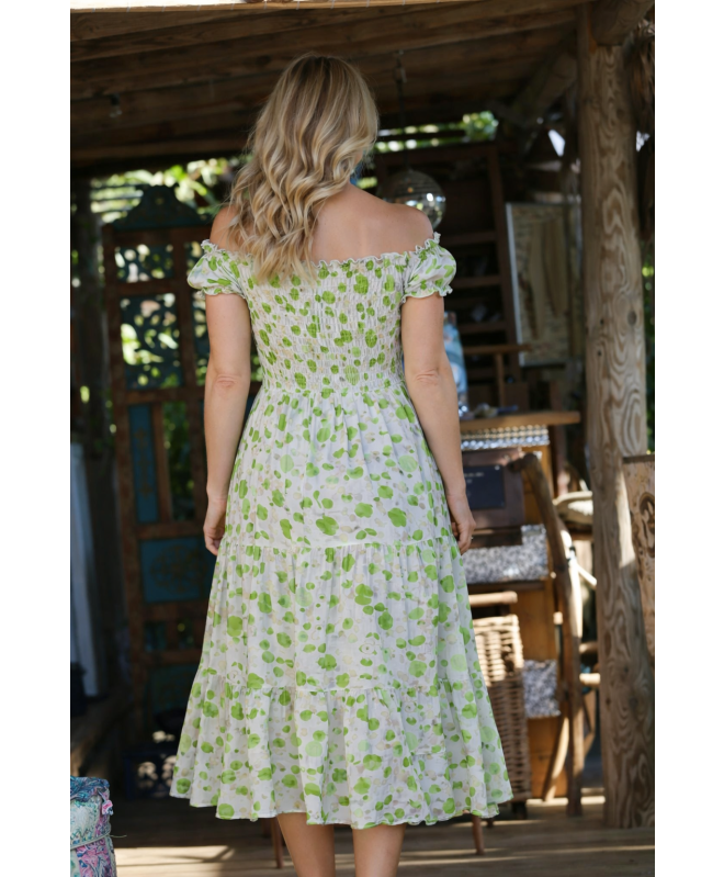 GREEN PRINTED GATHERED NECKLINE DRESS CAP SLEEVE