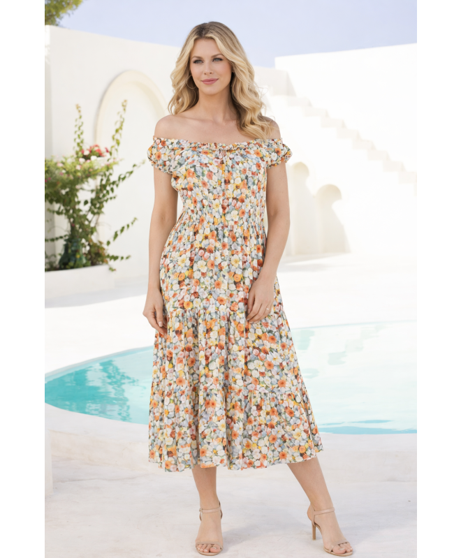 CAP SLEEVE PRINTED GATHERED NECKLINE DRESS 