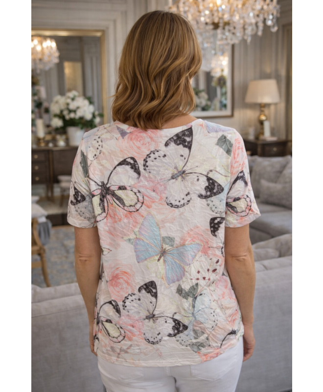butterfly  print frill top round neck sh