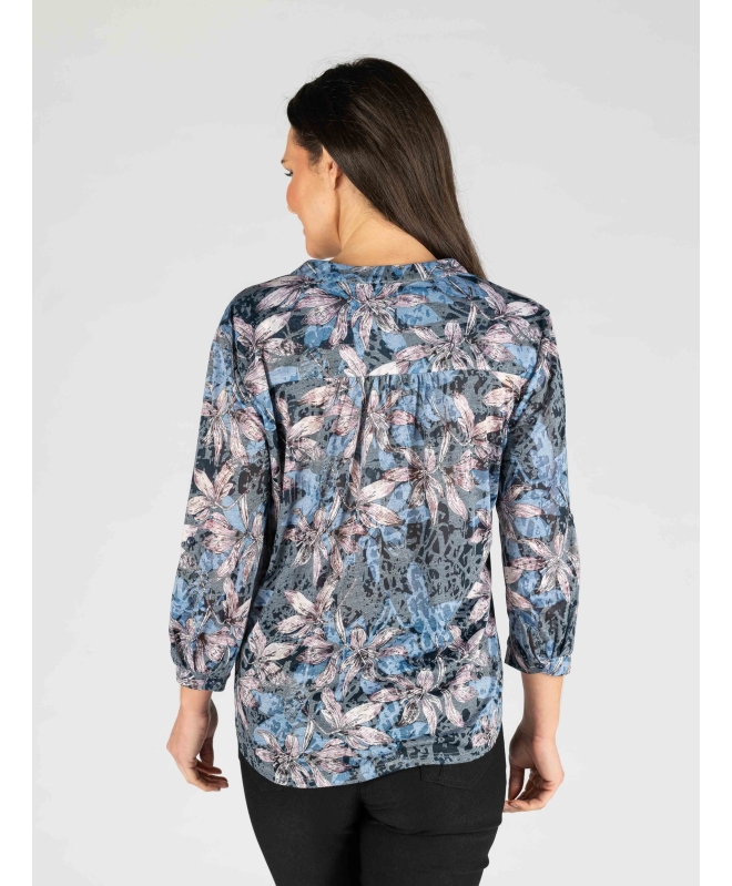 BLUE MULTI FLORAL PRINT BURN OUT BLOUSE