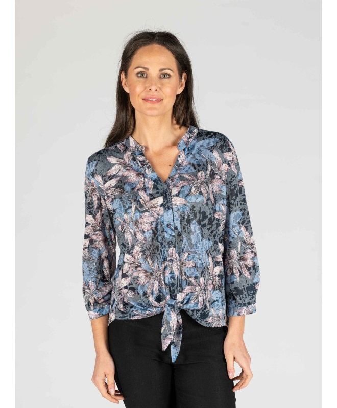 BLUE MULTI FLORAL PRINT BURN OUT BLOUSE