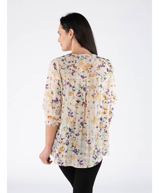 IVORY MULTI BLOUSE WITH ELASTICATED CUFF WITH 3/4 SLEEVE