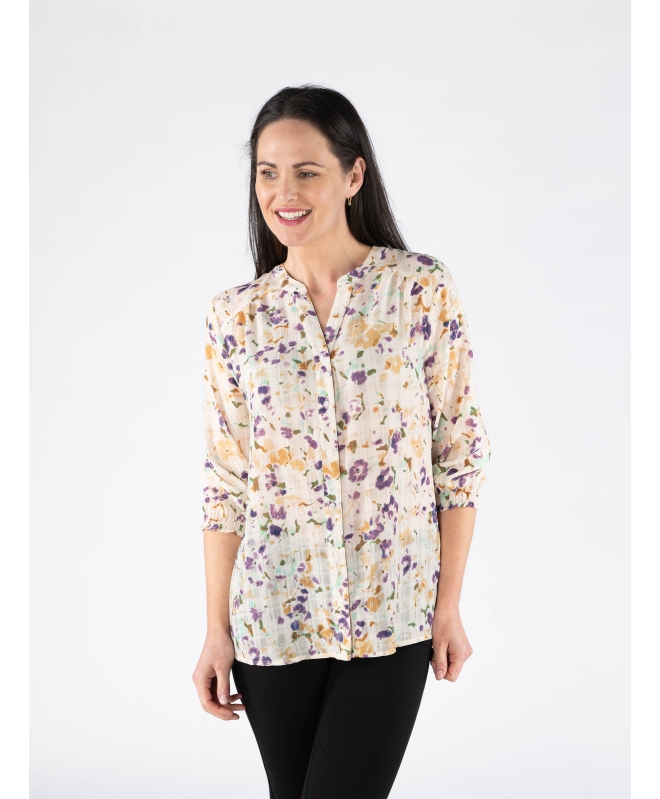 IVORY MULTI BLOUSE WITH ELASTICATED CUFF WITH 3/4 SLEEVE